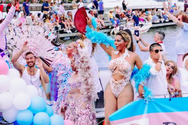 Participants in annual event for protection of human rights, in colorful costumes, free gender - lesbian, gay, bisexual, transgender, queer Pride Parade in Amsterdam, Netherlands - August 6, 2022.