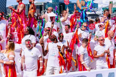 Participants in annual event for protection of human rights, civil equality in colorful costumes - lesbian, gay, bisexual, transgender, queer Pride Parade in Amsterdam, Netherlands - August 6, 2022