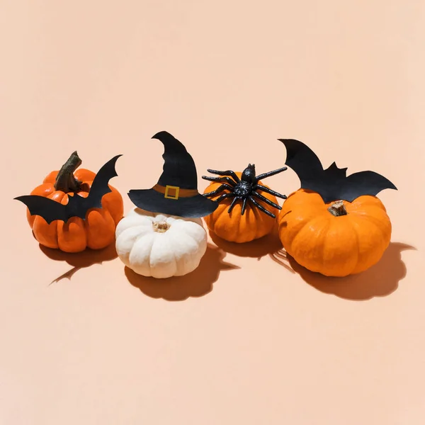 Halloween party decoration - pumpkins with bats, spiders and witch hat accessories. Pumpkin Halloween decoration idea. Copy space, blogs, promotion, square format, trendy hard shadows
