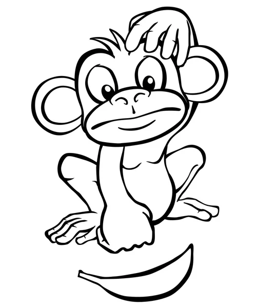 Singe dessin animé noir et blanc avec banane — Image vectorielle