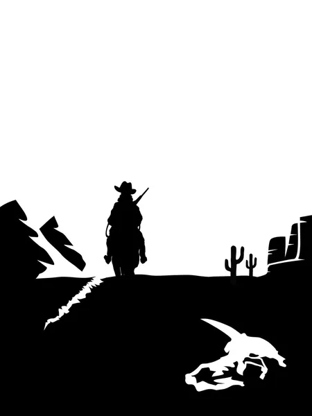 Vaquero blanco y negro montando un caballo en el desierto — Vector de stock