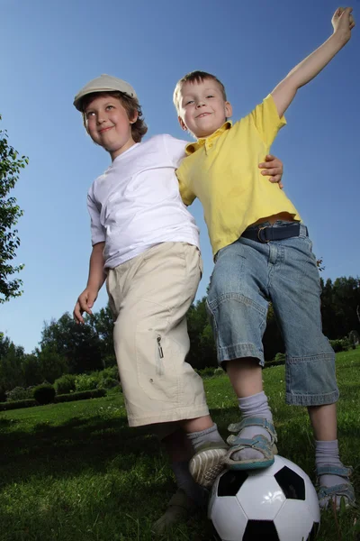 Happy boys with soccer ba — Stock Photo, Image