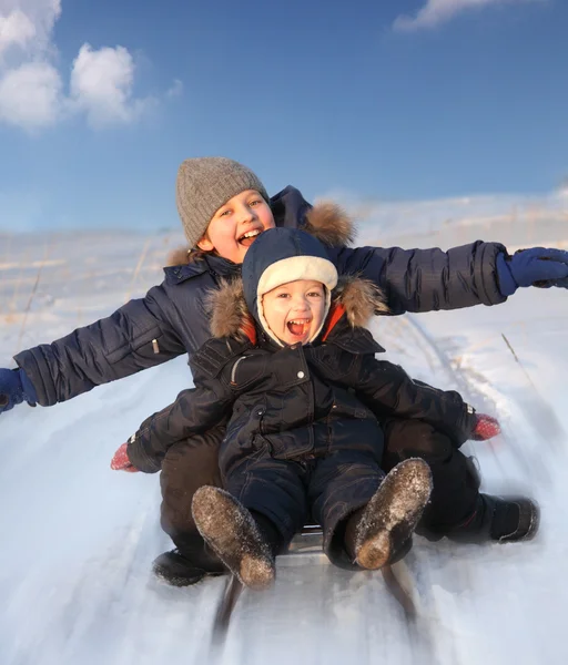 Two happy boys on sled — Stock Photo, Image