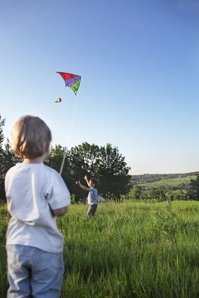 Two happy boy with kite — Stock Photo, Image