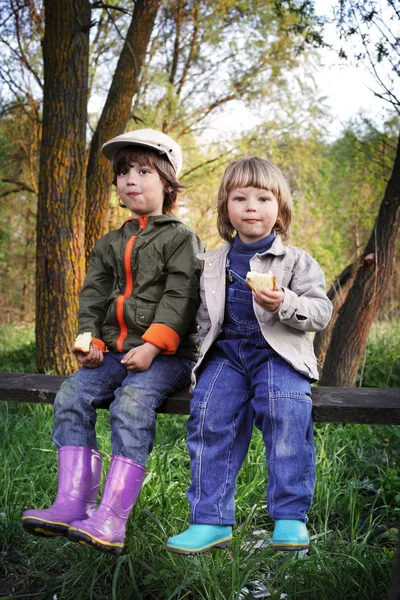 Due ragazzi sulla panchina della foresta mangiano panino — Foto Stock