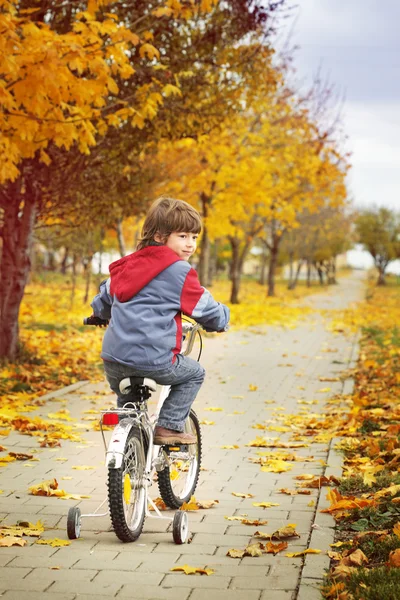 Мальчик на велосипеде в осеннем парке — стоковое фото