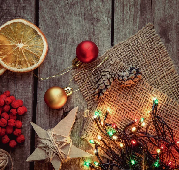 Decorazione Regali Fatti Casa Natale Sulla Tavola Legno — Foto Stock