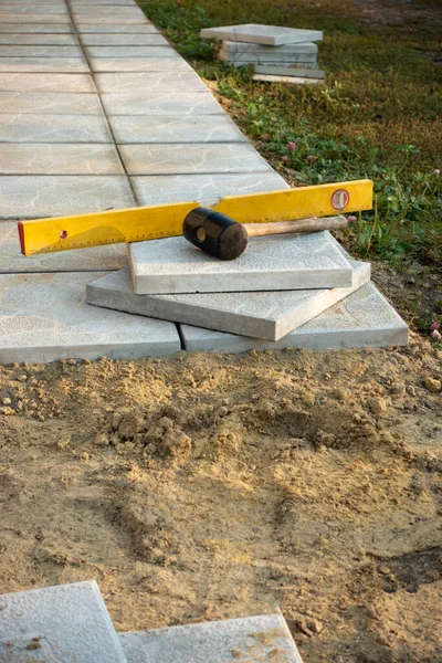 Laying Paving Stone Brick Gray Concrete Slabs House Courtyard Sand — Stock Photo, Image