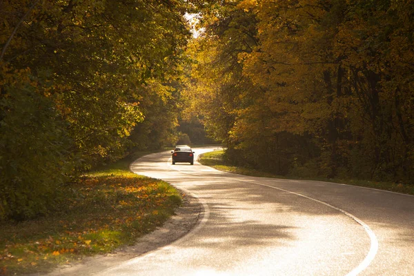 Winding Rual Road Colorful Autumn Forest Black Car — Stock Photo, Image