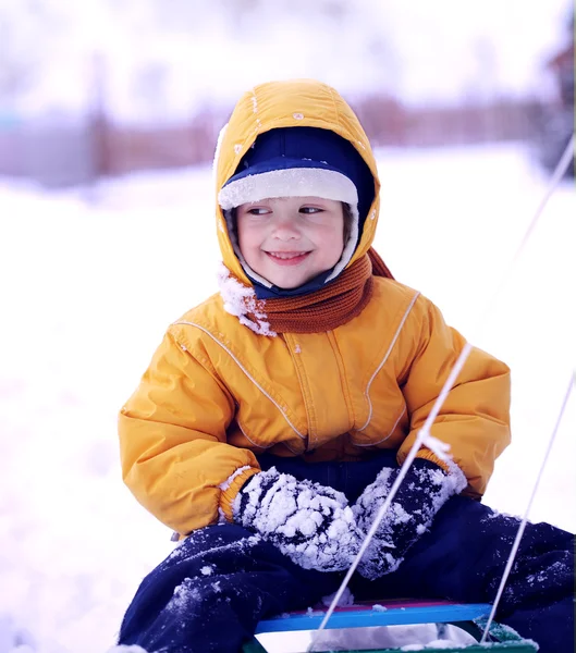 Gelukkige jongen met slee — Stockfoto