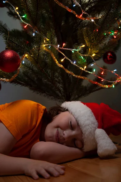 Retrato Niño Feliz Durmiendo Bajo Árbol Navidad — Foto de Stock