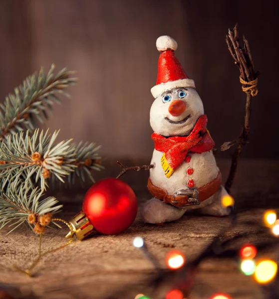 Christmas Snowman Decoration Backdrop Illumination Fir Tree — Stock Photo, Image