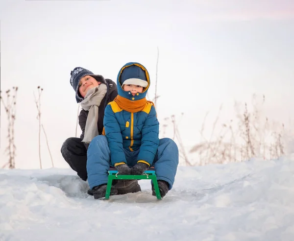 Two Happy Boys Sled Winter Outdoors — Stock Photo, Image