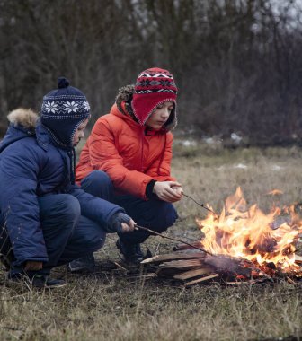 Şenlik ateşinde iki kardeş. Çocuklar sonbahar kamp ateşinde eğleniyor. Sonbahar ormanlarında kamp yapan çocuklar..