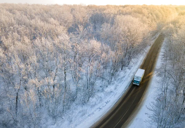 White Lorry Truck Road Surrounded Winter Forest Aerial Top View — стокове фото