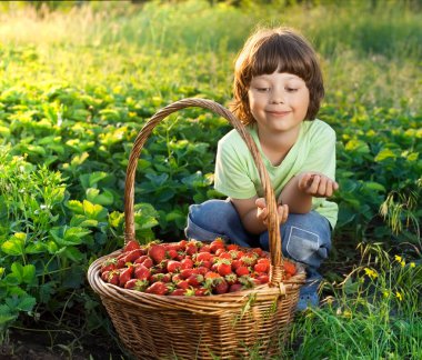 Yaz yeşili arka planında böğürtlen sepeti olan neşeli çocuk.