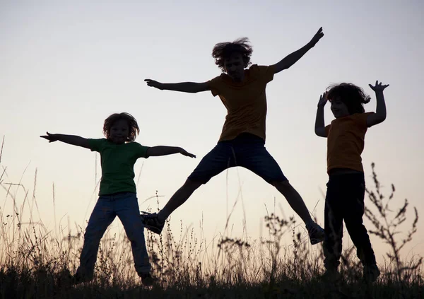 Kinder Spielen Springen Auf Sommersonnenuntergang Wiese Silhouette — Stockfoto