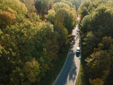 Yazın yolda giderken, doğa havadan etkilenir. İnsansız hava aracı görüntüsü. Hava görünümü.