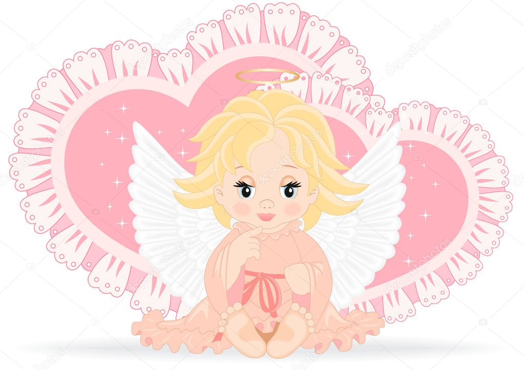 Angel sitting in front of pink hearts