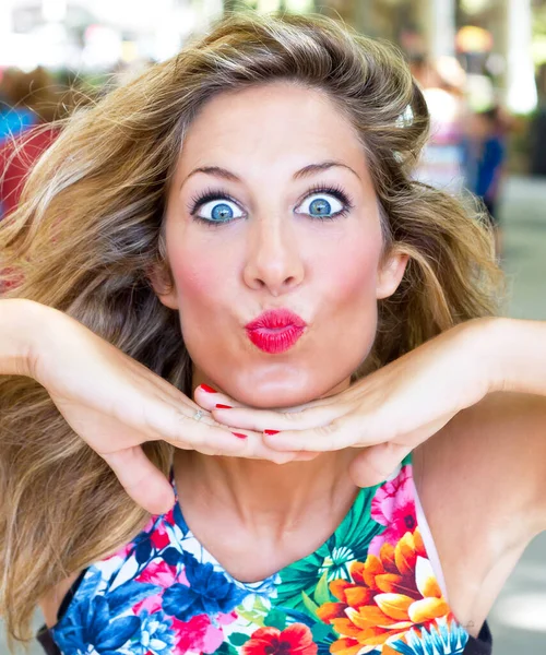 Young Attractive Woman Making Funny Kiss Mouth — Stock Photo, Image