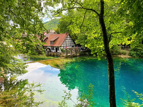 Blaubeuren köyünde bahar esrarı Blautopf, Swabian Alpleri, Almanya