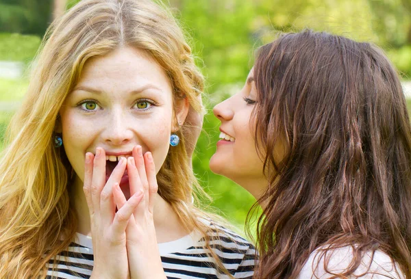 Two Young Girls Whispering Latest News — Stock Photo, Image