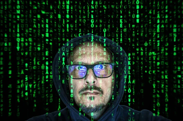 Computer hacker with matrix code