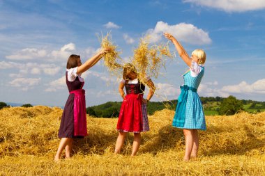 Rengarenk elbiseli kızlar. Tarlada eğleniyorlar.