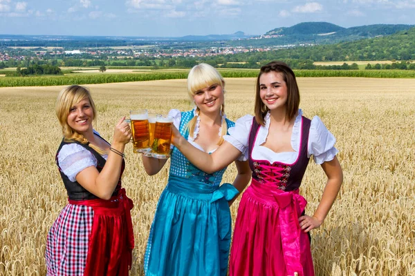 Three Girls Colorful Dirndl Drinking Beer Field — Fotografia de Stock