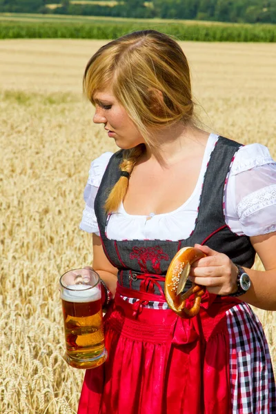 Young Woman Beer Mug Pretzel Hand — Fotografia de Stock