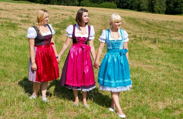 Three Happy Girls Colorful Dirndls Field — ストック写真