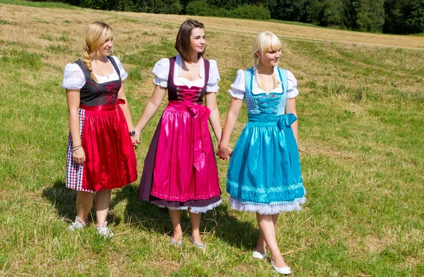 Drie Gelukkig Meisjes Kleurrijke Dirndls Een Veld — Stockfoto