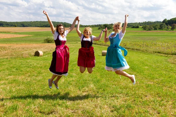 Three Happy Girls Dirndls Jumping Meadow lizenzfreie Stockfotos