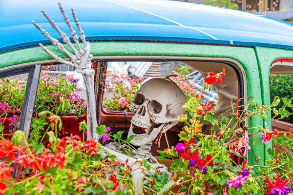 꽃 장식 이 있는 차 안에 해골 이 있는 이상 한 모습 스톡 사진