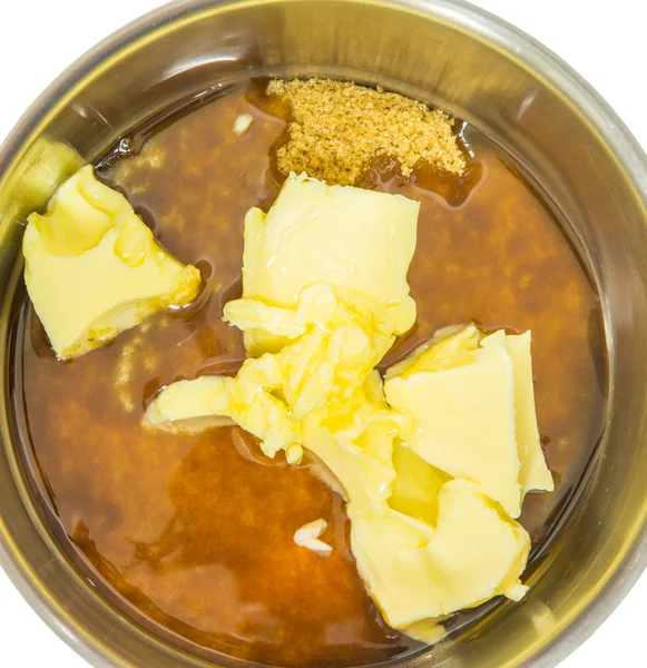 Hnědý cukr, máslo a cukr sirup — Stock fotografie