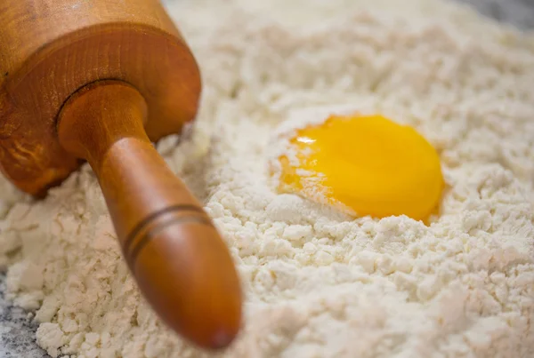 Flour, Egg Yolk and Rolling Pin — Stock Photo, Image