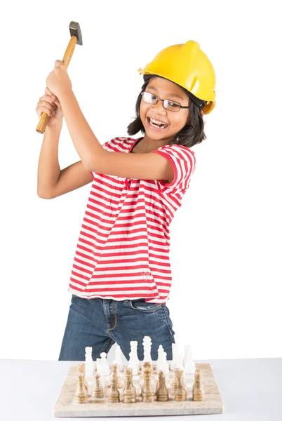 Little Girl Destroy Chess Set — Stock Photo, Image