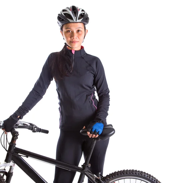 Žena s horské kolo — Stock fotografie
