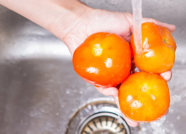Мытье помидоров — стоковое фото