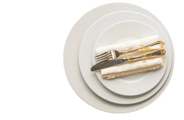 Prázdný talíř, nůž, vidličku, ubrousek — Stock fotografie