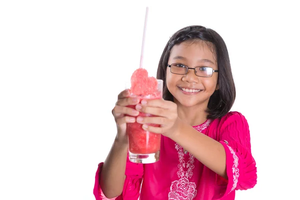 Little girl drink watermelon cocktail — Stock Photo, Image