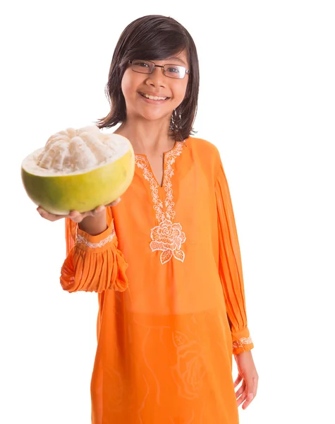 Malay Girl And Pomelo Fruit — Stock Photo, Image