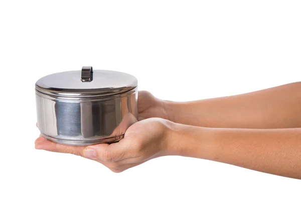 Vrouwelijke hand met voedsel container — Stockfoto