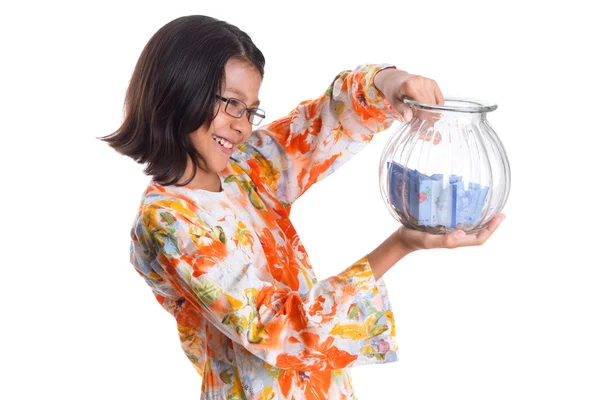 Menina com dinheiro Jar — Fotografia de Stock