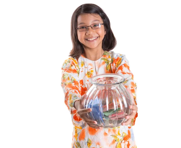 Menina com dinheiro Jar — Fotografia de Stock