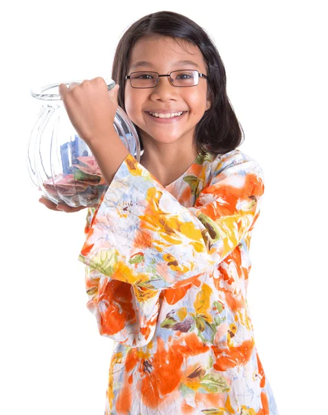 Young Girl With Money Jar — Stock Photo, Image