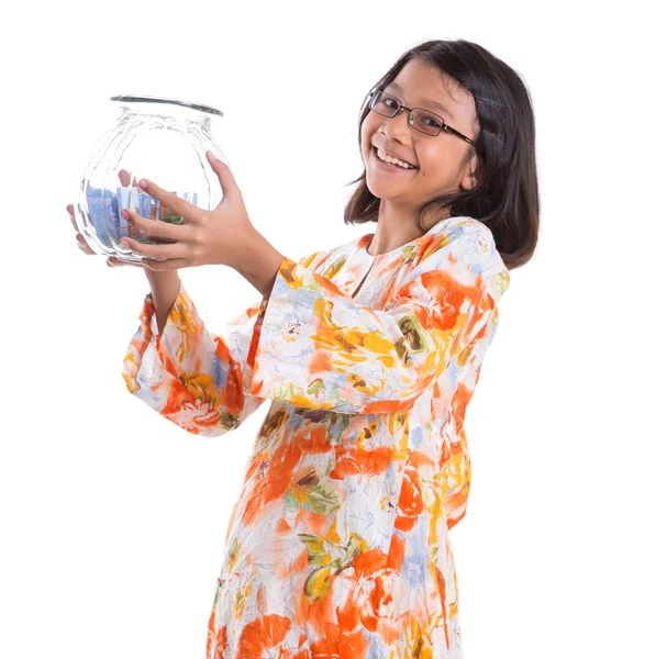 Giovane ragazza con i soldi vaso — Foto Stock