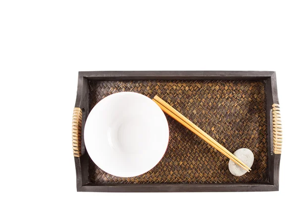 Chopstick, tigela vermelha e bandeja — Fotografia de Stock