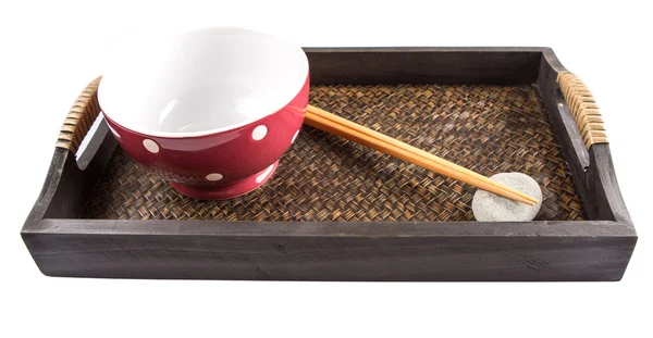 Chopstick, czerwony bowl i taca — Zdjęcie stockowe