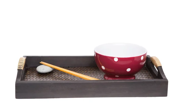 Chopstick, tigela vermelha e bandeja — Fotografia de Stock